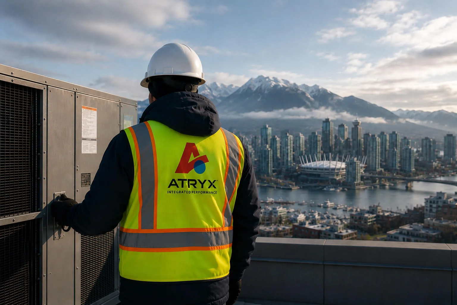 ATRYX technician on a Vancouver rooftop with the CN Tower in the background