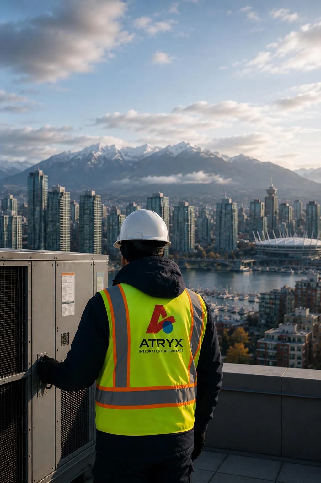 ATRYX technician on a Toronto rooftop with the CN Tower in the background